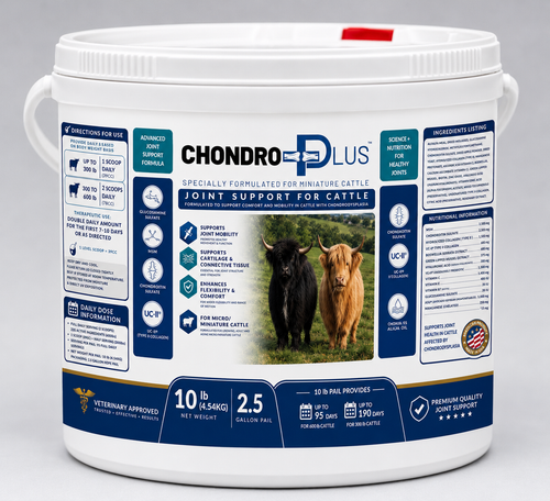 Chondro Plus 10 lb joint supplement for miniature cattle featuring glucosamine, chondroitin, MSM, UC-II collagen, and hyaluronic acid. 