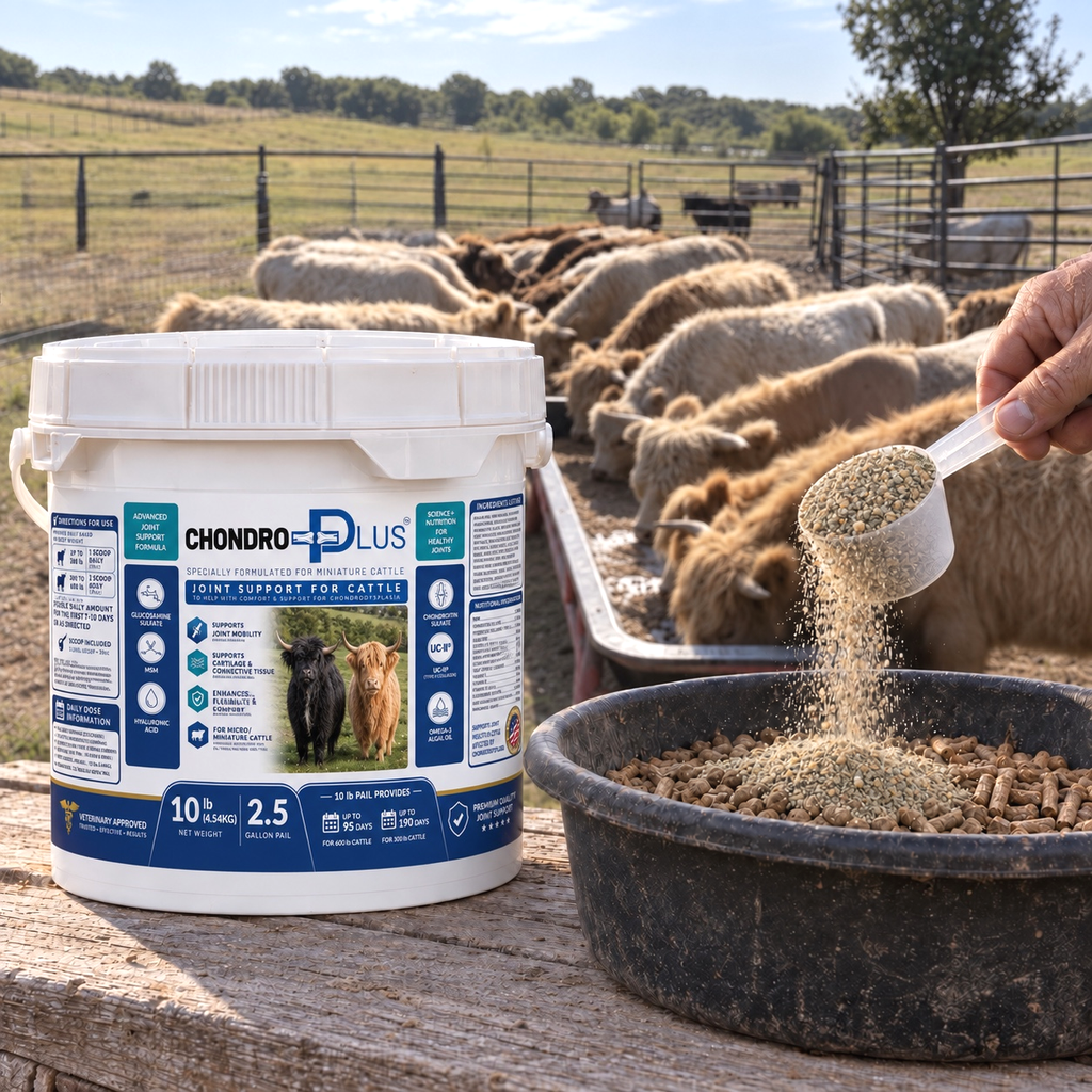 Chondro Plus joint support supplement for miniature cattle in a 10 lb pail displayed outdoors on a farm. 
