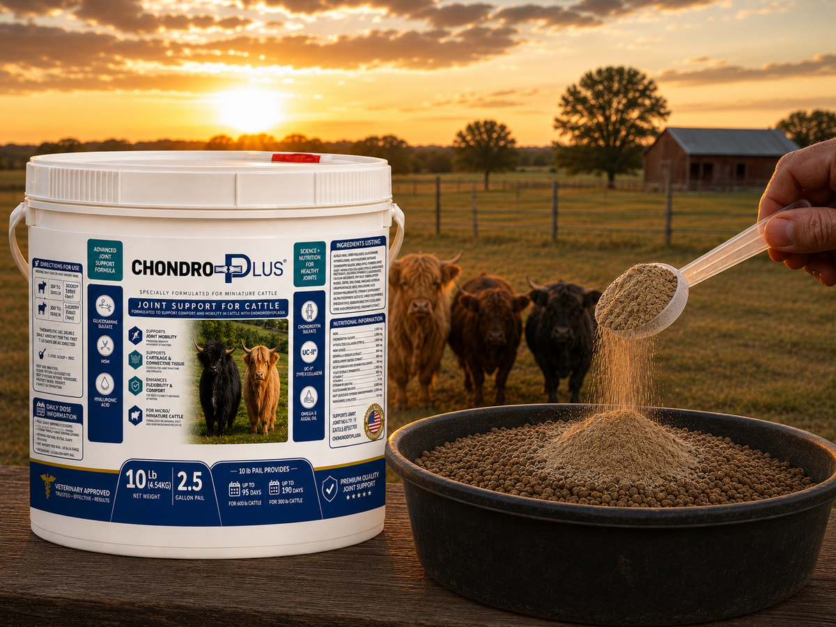 Chondro Plus joint support supplement for miniature cattle in a 10 lb pail displayed outdoors on a farm. 