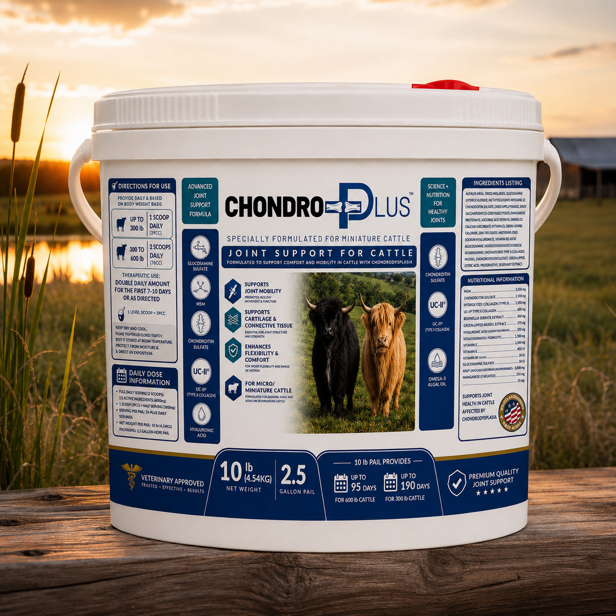 Chondro Plus miniature cattle joint supplement on a farm at sunset. 